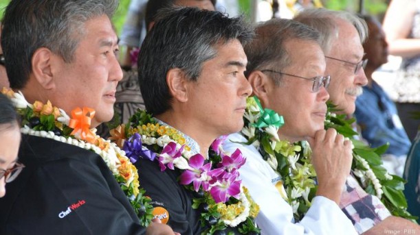 From left, Chefs Alan Wong and Roy Yamaguchi, Conrad Nonaka, CIP Directior and UHCC Vice President John Morton at the groundbreaking ceremony. Photo: Pacific Business News