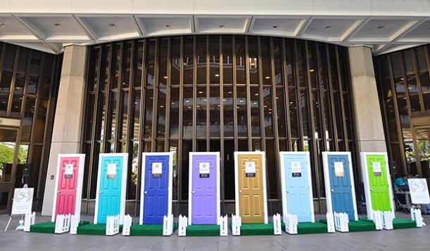 Eight brightly colored doors representing the way  UH community colleges welcome students from different backgrounds. Photo: honoluluccblog.com