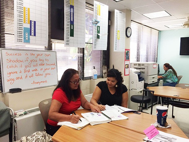 Students studying in TRIO Office: Shanette Naumu , Veronica Henderson-Davis, and Christine Natividad. Photo by TRIO student Meihui He.