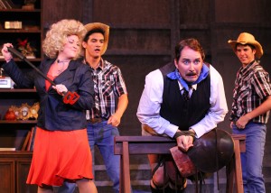 (L-R) Jessica Cruz (Doralee), Drew Tandal (Ensemble), Mike Humerickhouse (Franklin Hart) and Michael Bingham (Ensemble), take the stage in DHT's 9 to 5: The Musical - onstage now thru April 21, 2013.