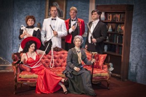(Top L-R) Lisa Barnes (Jane), Garrett Hols (Charles Pomeroy), Jeffrey Terry Sousa (Major Quimby), Kevin Keaveney (Devon Tremaine), (Bottom L-R) Therese Olival (Emma Reese), Stacy Ray (Lady Somerset) perform in MVT’s Bloody Murder.