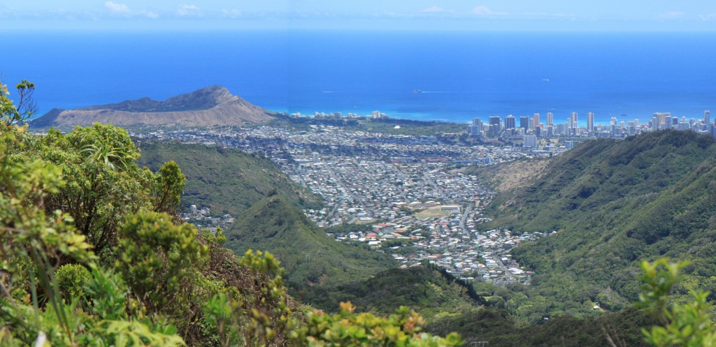 The View from Kaʻau Crater of Palolo Valey and Diamond Head on a clear day