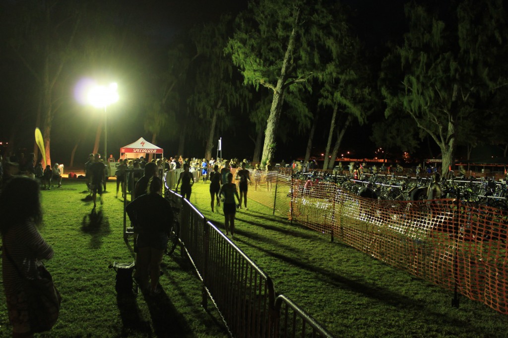 Triathletes leave their bikes to begin the morning with a swim at the 2012 Tin Man Triathlon 