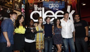 From left, cast members Kevin McHale, Jenna Ushkowitz, Amber Riley, Dianna Agron, Chris Colfer, Lea Michele, Cory Monteith, and Mark Salling pose for photographers during The Gleek Tour for the television show "Glee" in Los Angeles on Friday, Aug. 28, 2009.  (AP Photo/Matt Sayles)