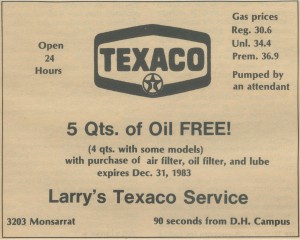 Oct. 27, 1983 Kapʻio runs an ad for a nearby gas station.  The gasoline prices of that time were measured by liter.  Converted that puts the price of regular gas at $1.16 a gallon.
