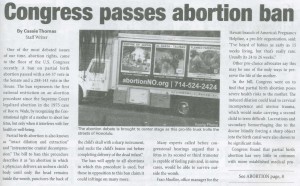 November 4, 2003 Kapio runs a story about Congress passing a bill banning partial birth abortion.