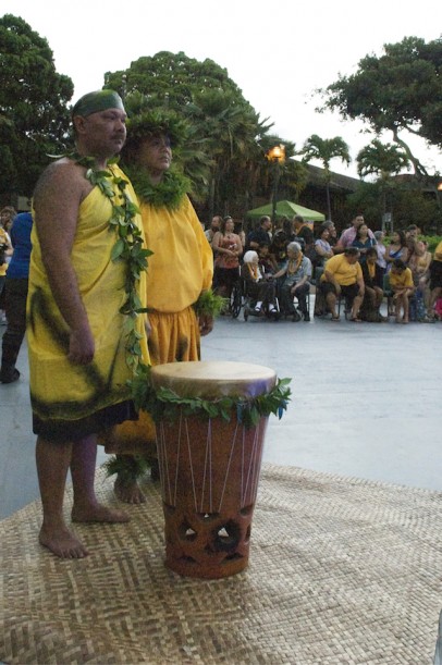 Nawa‘a Napoleon, with Lehua Gaison, chanted at the blessing of the Hawaiian star compass in front of ‘Ohi‘a. Sept. 2012.
